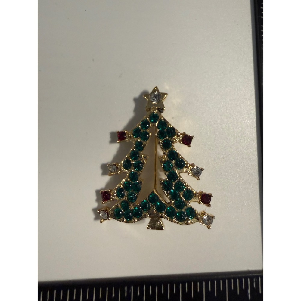 Vintage‎ Gold Tone Christmas Tree Brooch Green Red Rhinestone Holiday Pin Star